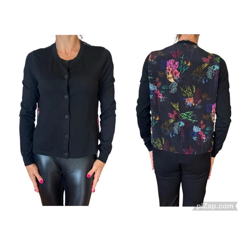 PS Paul Smith Women's Small Black Wool Cardigan Sweater Silk Floral Back Panel